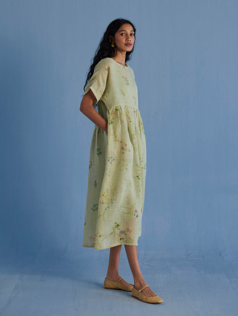 Rasa Floral Printed Sheer Linen Dress - Mint