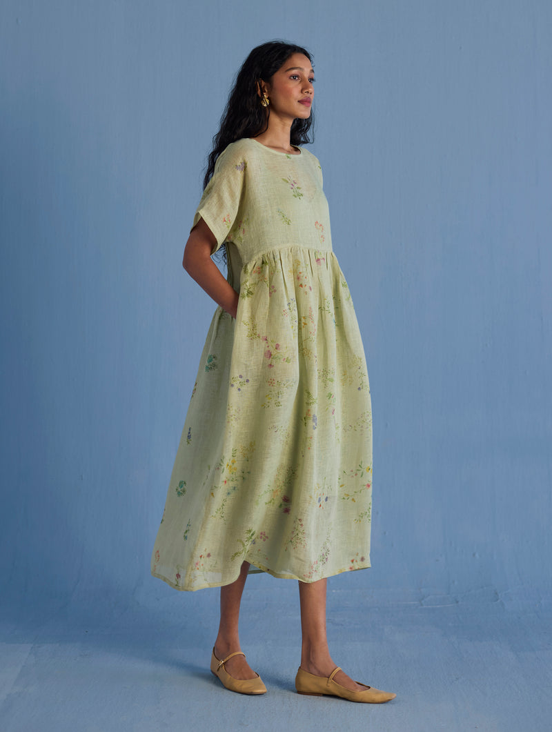 Rasa Floral Printed Sheer Linen Dress - Mint