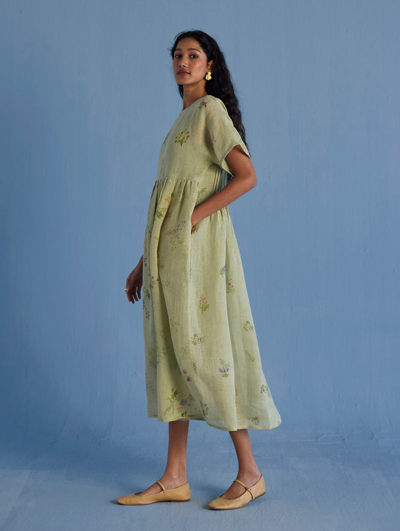 Rasa Floral Printed Sheer Linen Dress - Mint