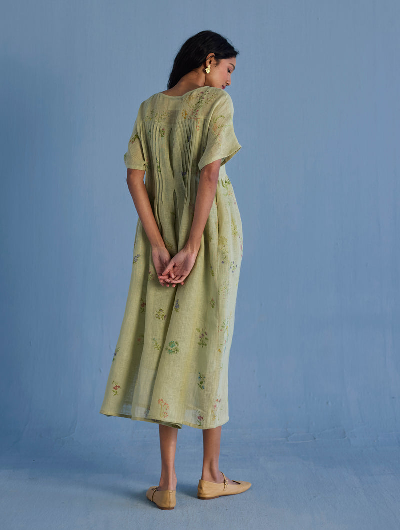 Rasa Floral Printed Sheer Linen Dress - Mint