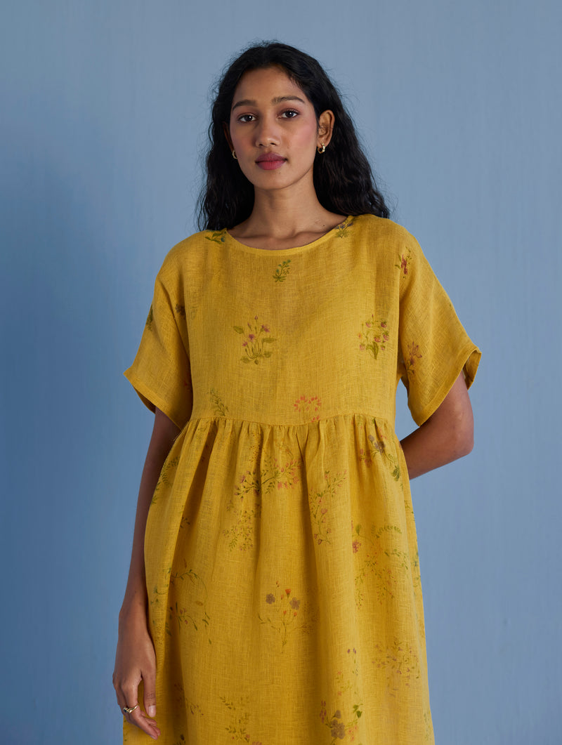 Rasa Floral Printed Sheer Linen Dress - Ochre