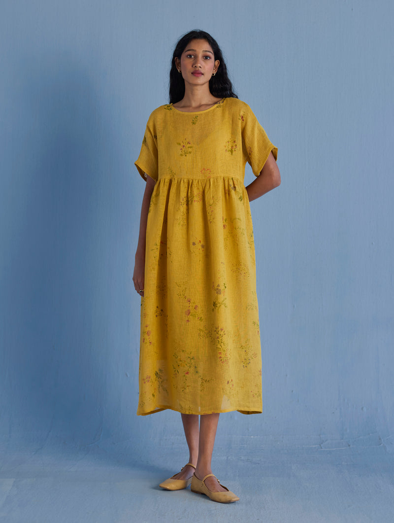 Rasa Floral Printed Sheer Linen Dress - Ochre