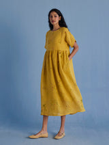 Rasa Floral Printed Sheer Linen Dress - Ochre