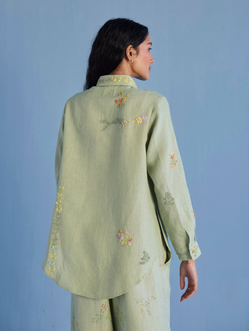 Alila Hand-Embroidered Linen Shirt -  Mint