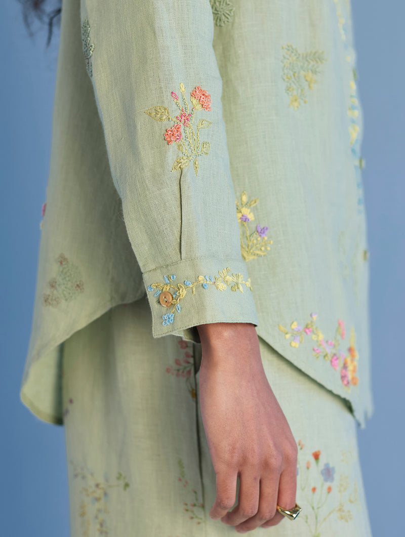 Alila Hand-Embroidered Linen Shirt -  Mint