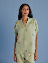 Mihen Elasticated Sleeve Linen Top - Mint