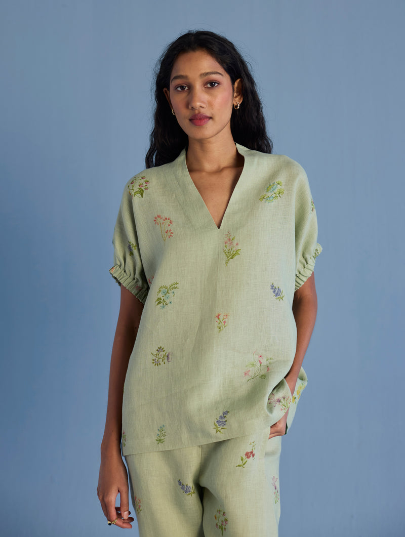 Mihen Elasticated Sleeve Linen Top - Mint