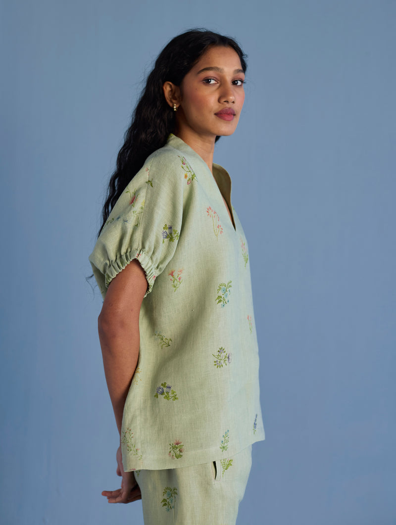 Mihen Elasticated Sleeve Linen Top - Mint