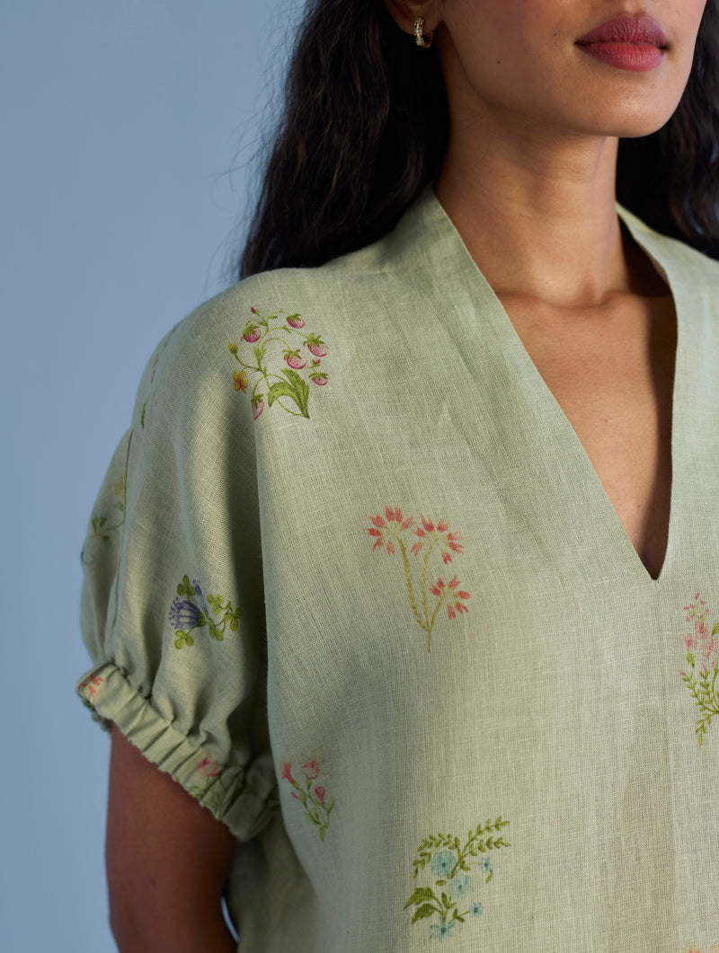 Mihen Elasticated Sleeve Linen Top - Mint