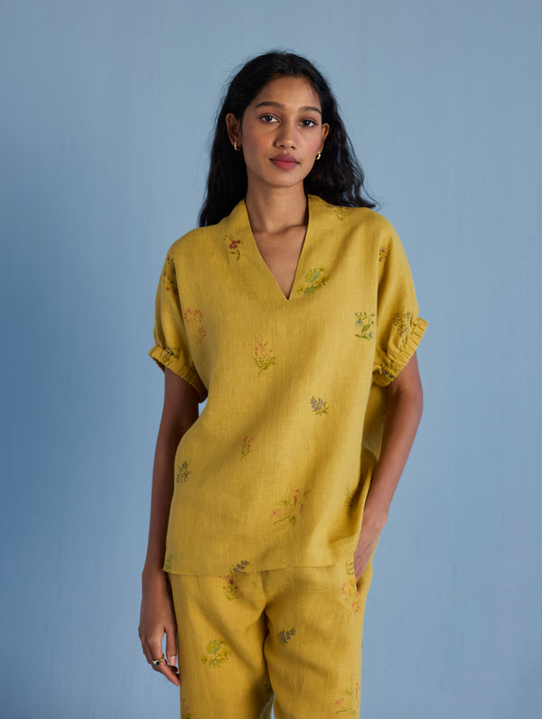 Mihen Elasticated Sleeve Linen Top - Ochre