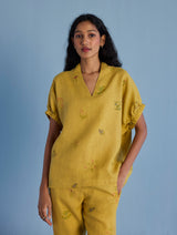 Mihen Elasticated Sleeve Linen Top - Ochre