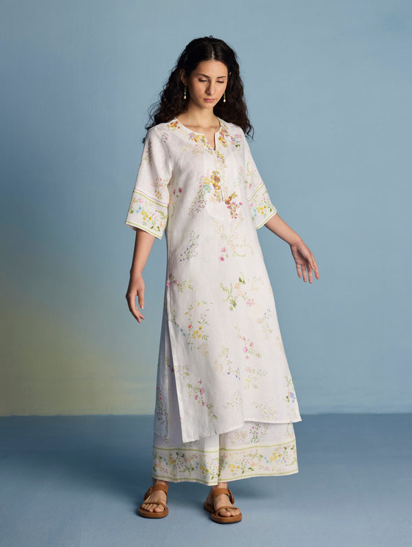 Para Hand-Embroidered Linen Kurta - White