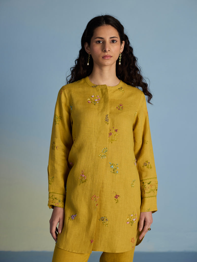 Anya Hand-Embroidered Floral Linen Co-ord Set - Ochre