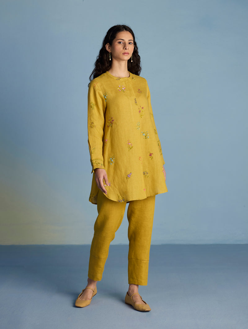 Anya Hand-Embroidered Floral Linen Co-ord Set - Ochre