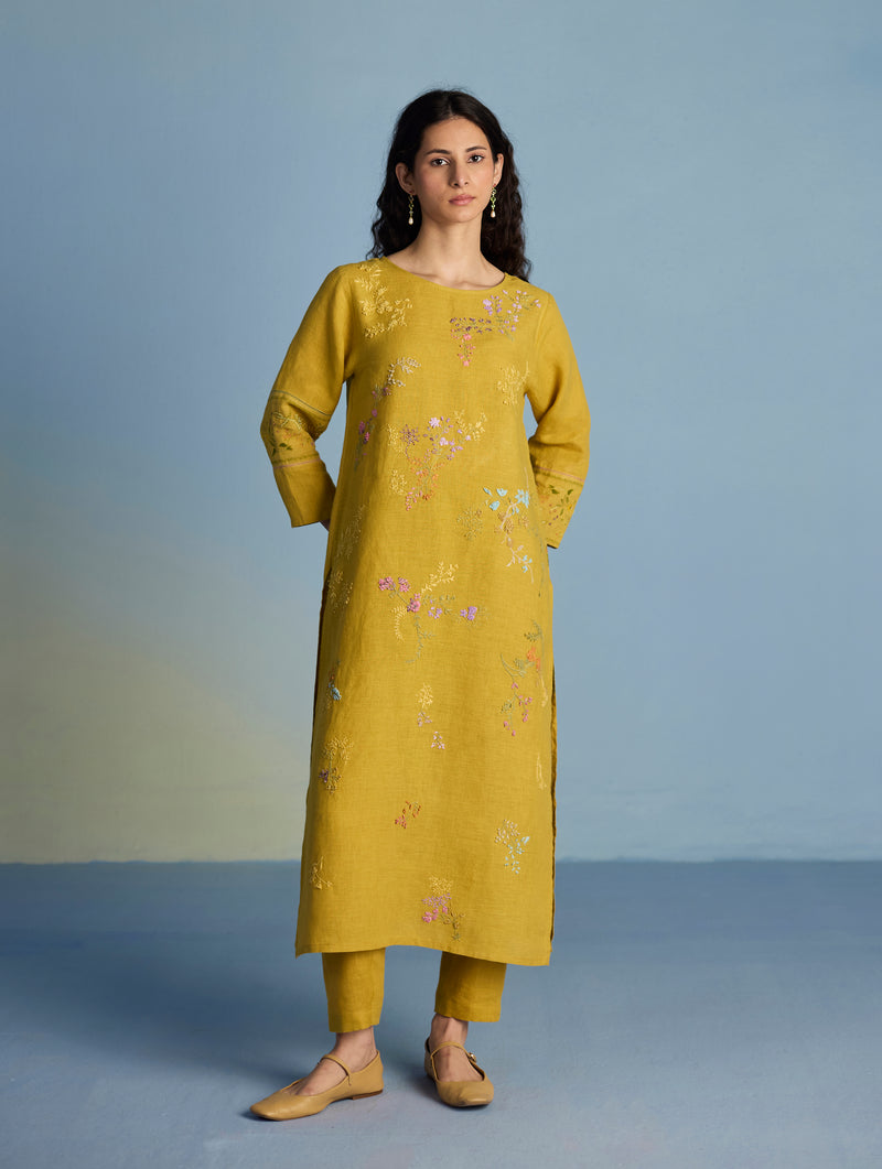 Emra Hand-Embroidered Linen Kurta Set - Ochre