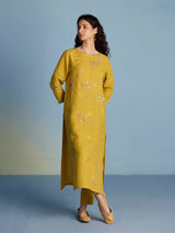 Emra Hand-Embroidered Linen Kurta Set - Ochre