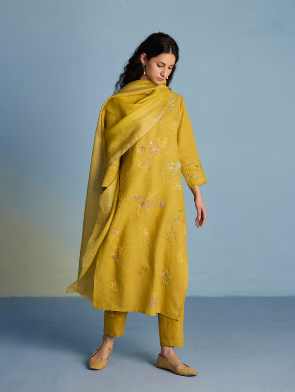 Emra Hand-Embroidered Linen Kurta Set - Ochre