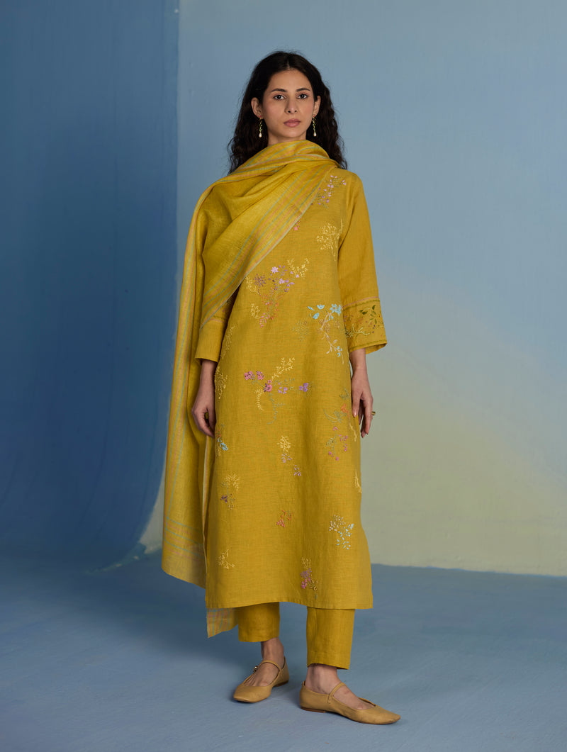 Emra Hand-Embroidered Linen Kurta Set - Ochre