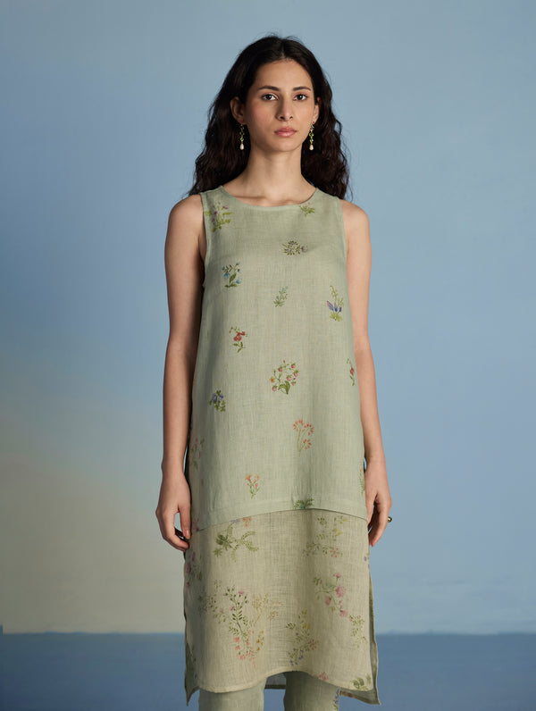 Aneya Patchwork Floral Linen Kurta - Mint