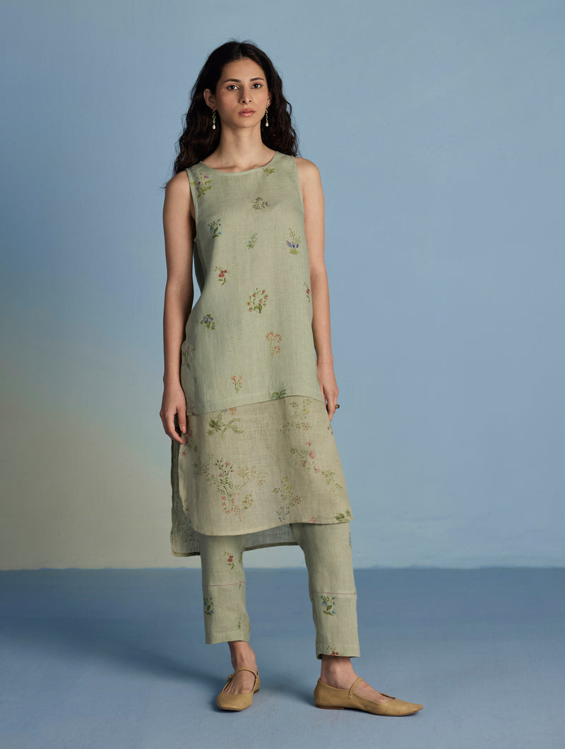 Aneya Patchwork Floral Linen Kurta Set - Mint