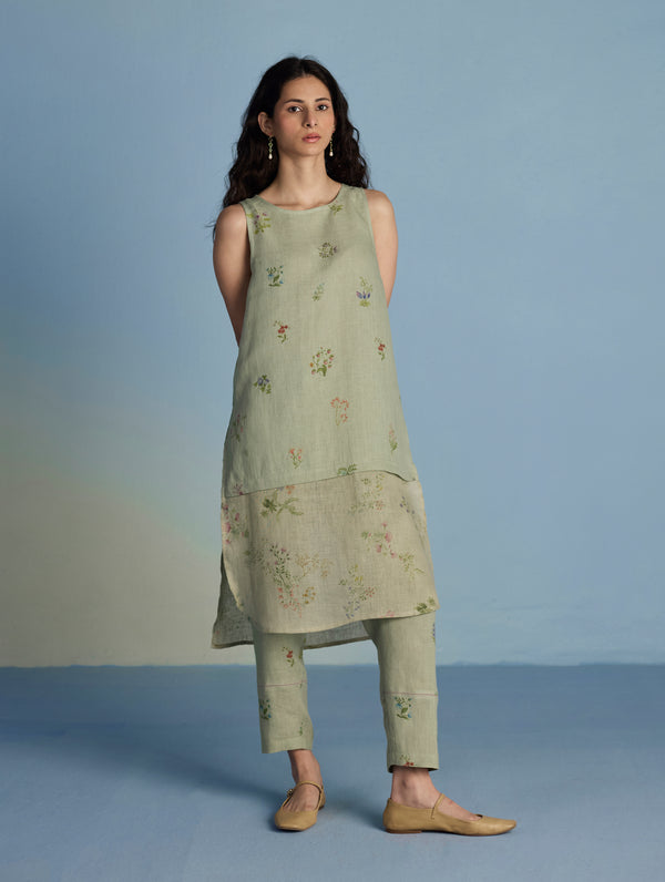 Aneya Patchwork Floral Linen Kurta - Mint