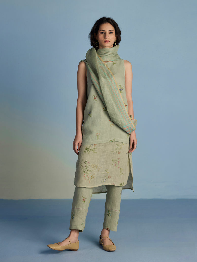 Aneya Patchwork Floral Linen Kurta Set - Mint