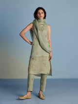 Aneya Patchwork Floral Linen Kurta Set - Mint