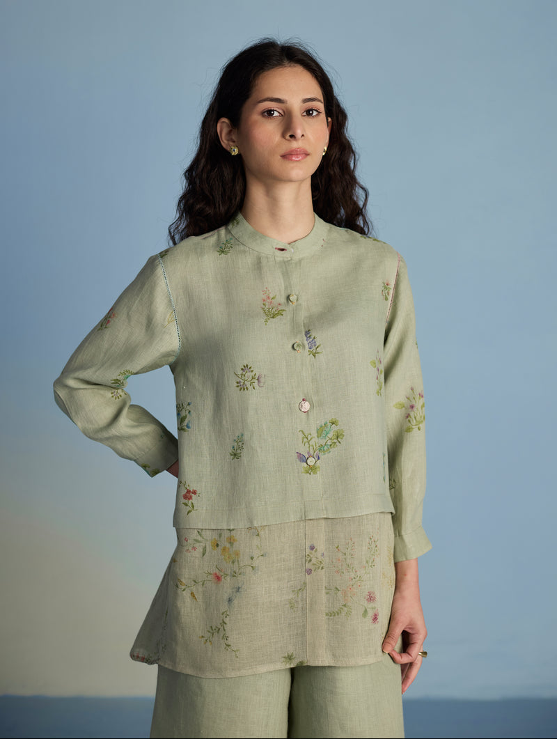 Leina A-Line Floral Linen Shirt - Mint