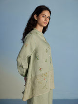 Leina A-Line Floral Linen Shirt - Mint