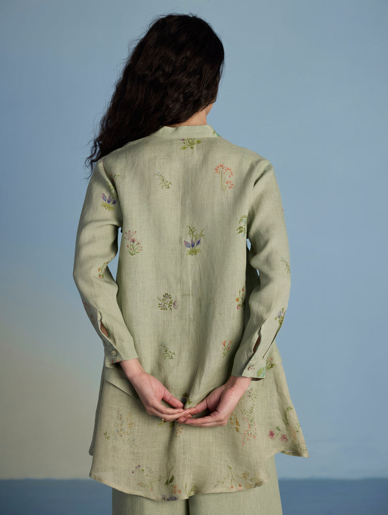 Leina A-Line Floral Linen Shirt - Mint