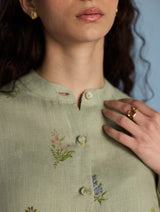 Leina A-Line Floral Linen Shirt - Mint