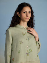 Leina A-Line Floral Linen Shirt - Mint