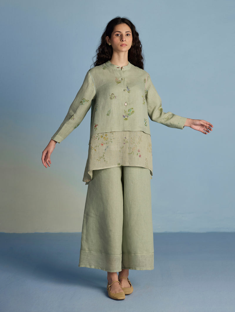 Leina A-Line Floral Linen Shirt - Mint