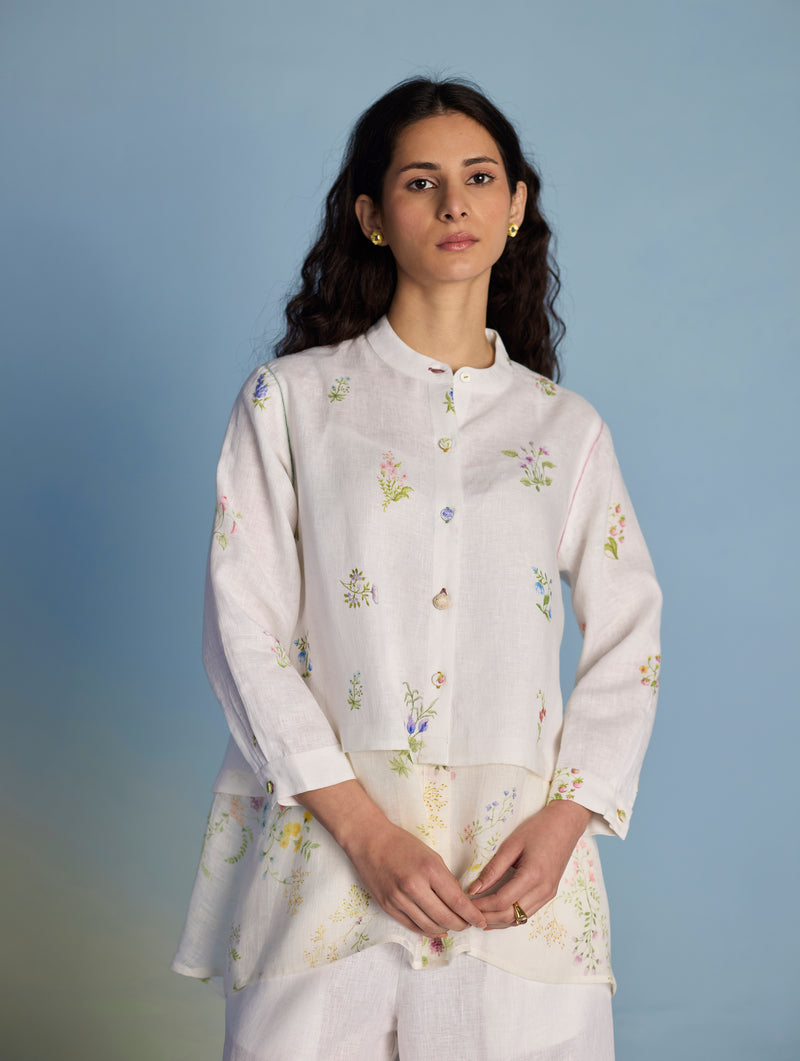 Leina Floral Linen  A-Line Shirt - White