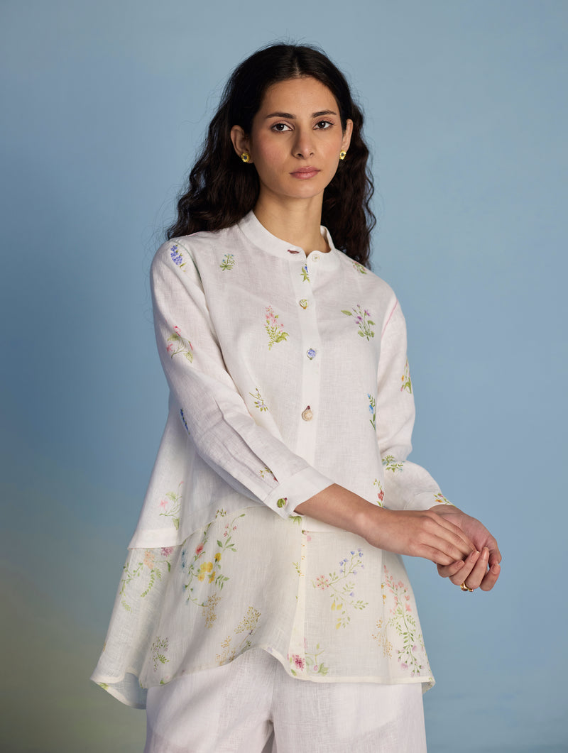 Leina Floral Linen  A-Line Shirt - White