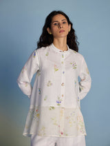 Leina Floral Linen  A-Line Shirt - White