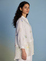 Leina Floral Linen  A-Line Shirt - White