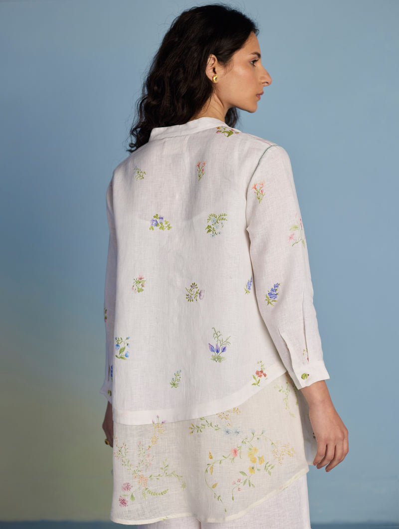 Leina Floral Linen  A-Line Shirt - White