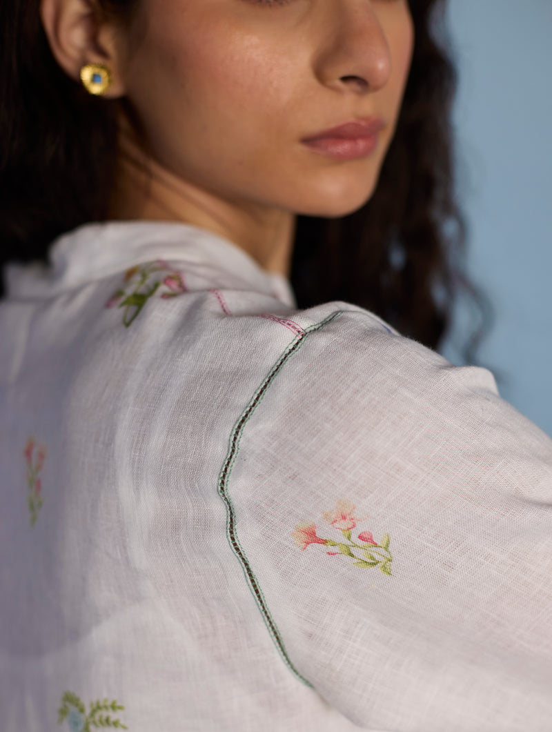 Leina Floral Linen  A-Line Shirt - White