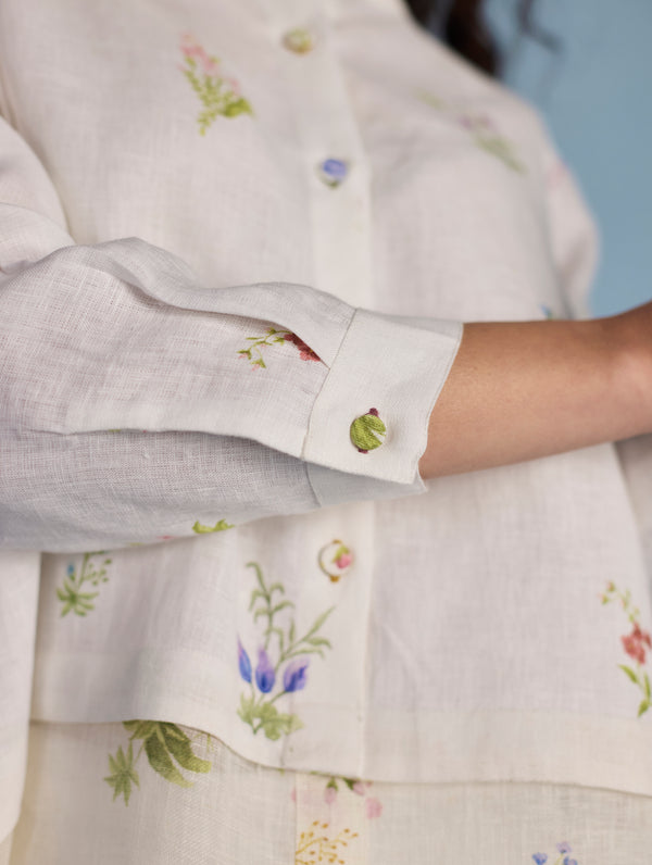 Leina Floral Linen  A-Line Shirt - White