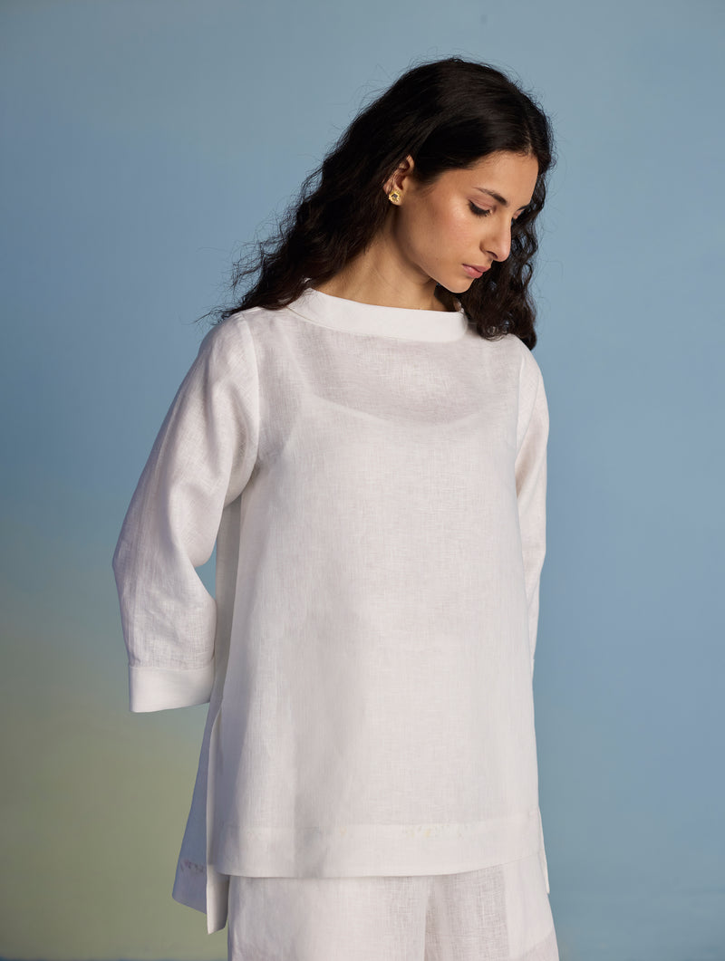 Ishi Boat-Neck Linen Top - White