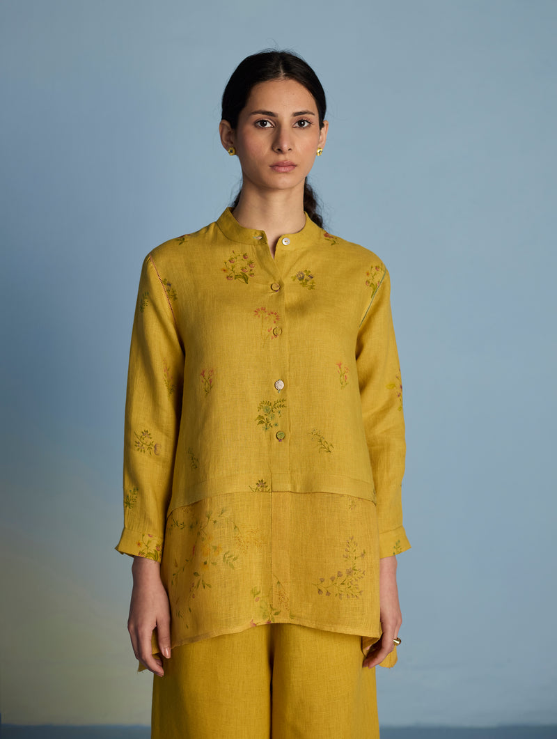 Leina A-Line Floral Linen Shirt - Ochre