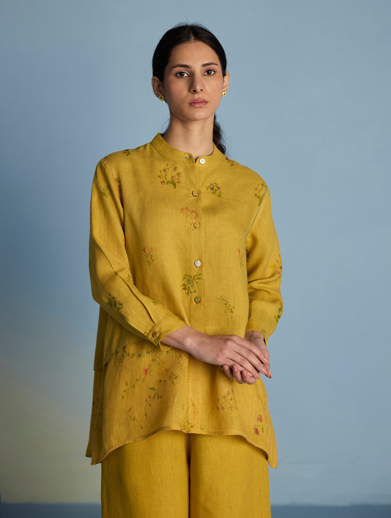 Leina A-Line Floral Linen Shirt - Ochre