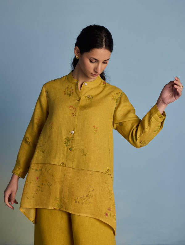 Leina A-Line Floral Linen Shirt - Ochre