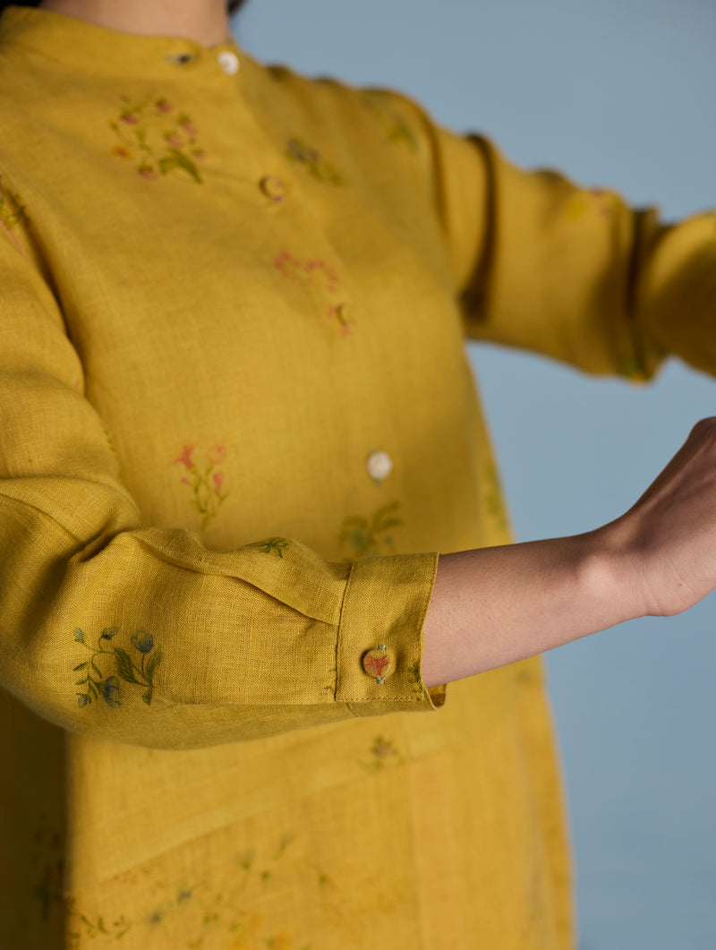 Leina A-Line Floral Linen Shirt - Ochre