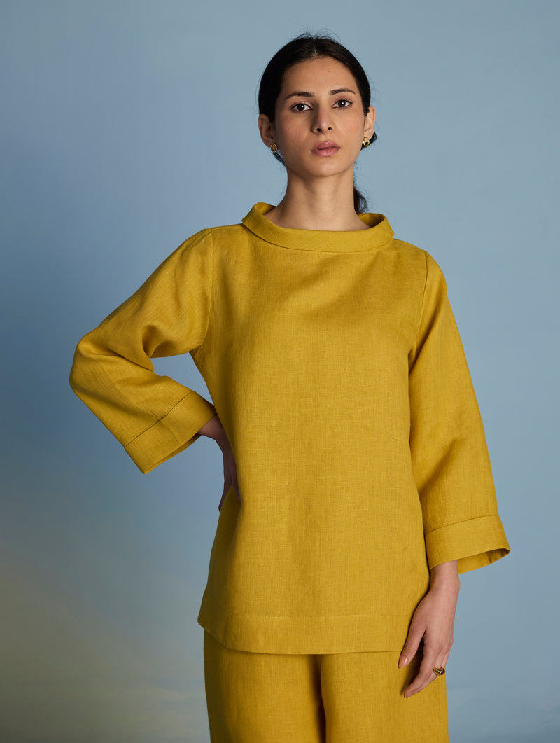 Ishi Boat-Neck Linen Top - Ochre