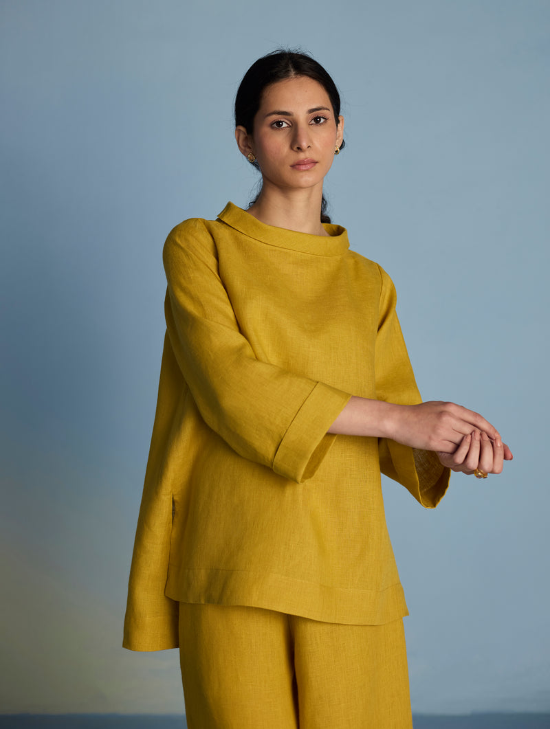 Ishi Boat-Neck Linen Top - Ochre