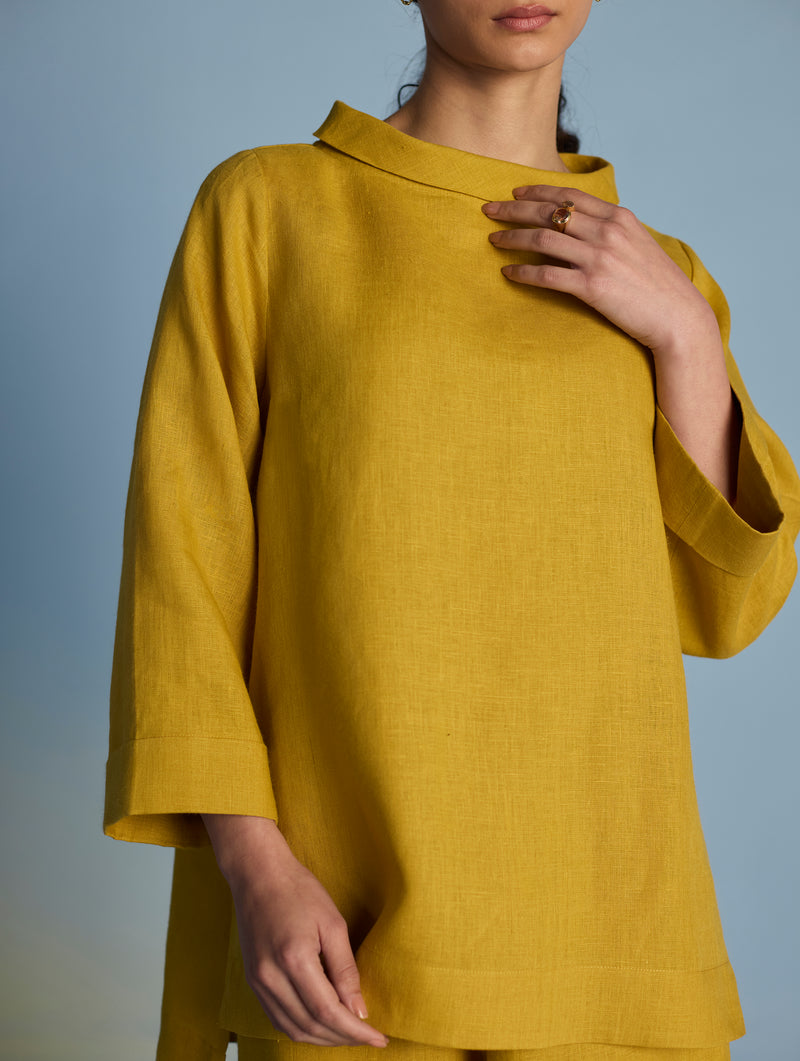 Ishi Boat-Neck Linen Top - Ochre