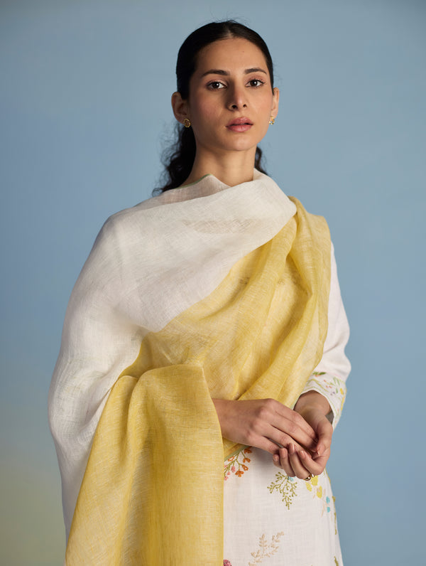 Pomba Handwoven Colour-Blocked Linen Dupatta - Ochre