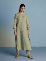 Emra Hand-Embroidered Linen Kurta Set - Mint